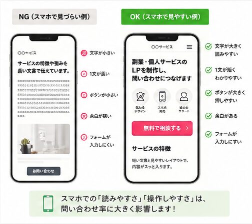 スマホで見やすく問い合わせしやすいLPにするための表示改善ポイントを解説した画像