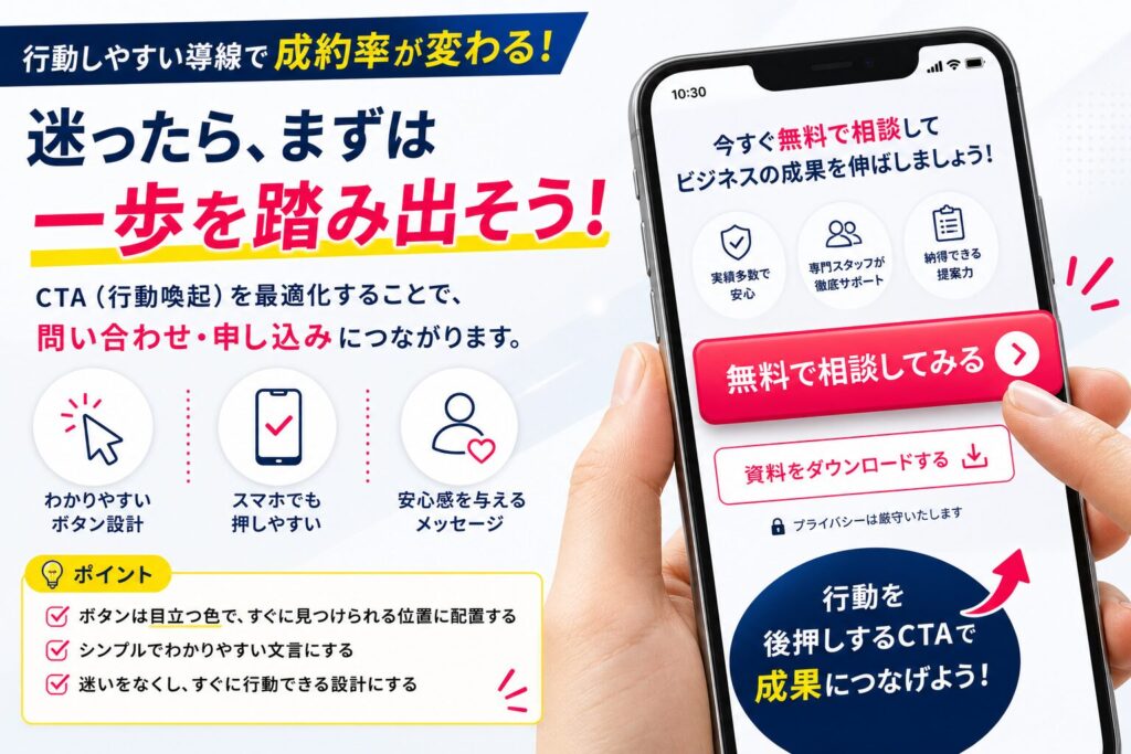 LPのCTA（行動喚起）を最適化して問い合わせや申し込みにつなげるイメージ