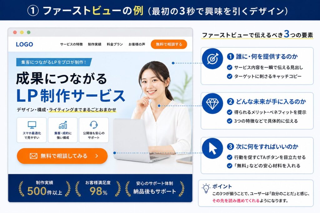 LPのファーストビューの例（第一印象で内容が伝わるデザイン）