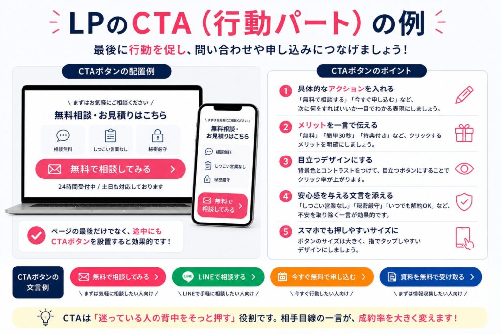LPのCTAボタンの例（行動を促すデザインと文言）