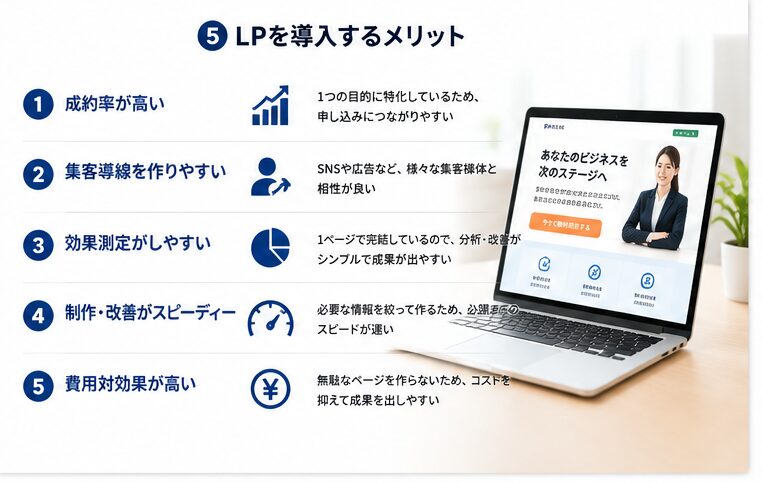 LPを導入するメリットをまとめたイメージ