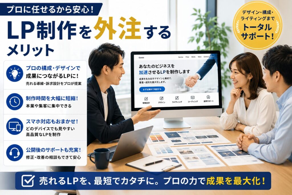 プロにLP制作を外注して相談しているイメージ