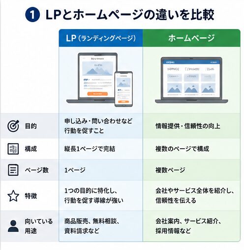 LPとホームページの違いを比較した図解イメージ