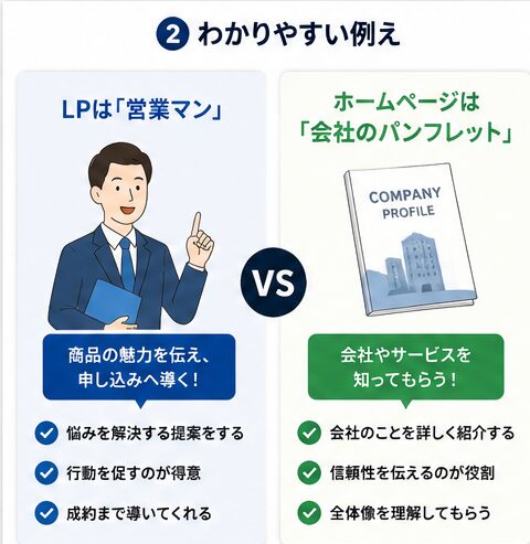 LPとホームページの役割を例えで解説したイメージ